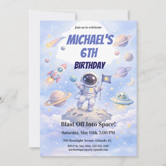 宇宙飛行士の6歳の誕生日 宇宙 銀河 招待状 (正面)