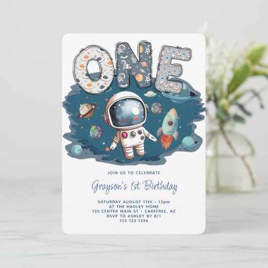 宇宙飛行士アウター宇宙ロケットの第1誕生日 招待状 (スタンド正面)