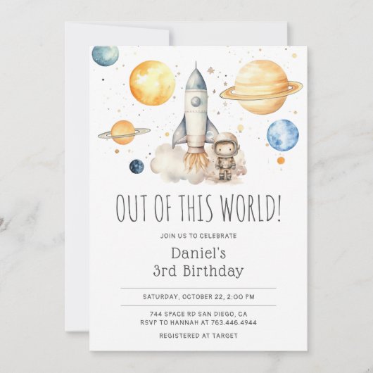 宇宙飛行士アウター宇宙ロケット第3誕生日 招待状 (正面)