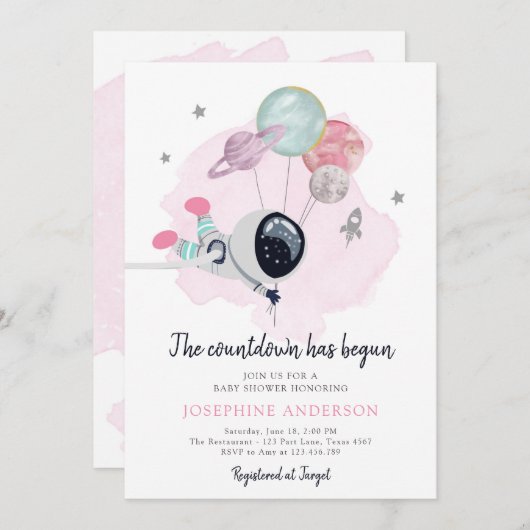 宇宙飛行士ガールベビーシャワー招待状 招待状 (正面/裏面)