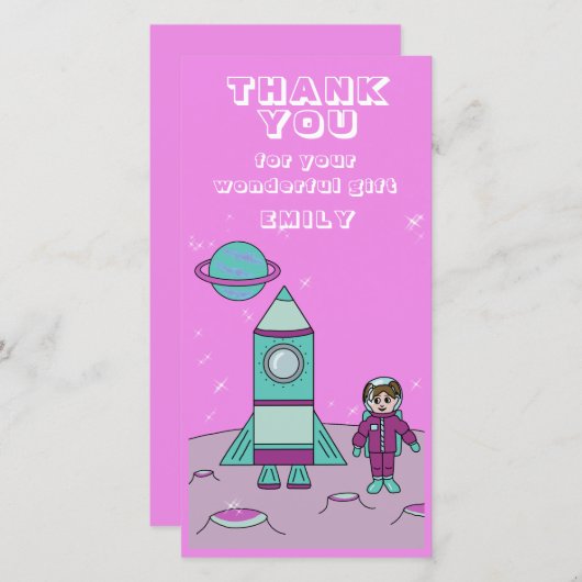 宇宙飛行士ガール宇宙ロケットピンク誕生日 サンキューカード (正面/裏面)