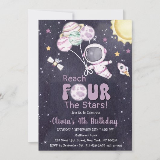 宇宙飛行士ガール宇宙第4バースデーパーティー 招待状 (正面)