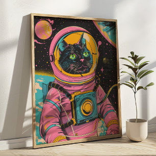 宇宙飛行士キャットレトロウォールアートプリント ポスター