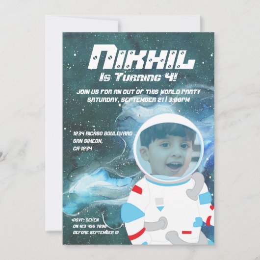 宇宙飛行士スペースマン銀河系誕生日パーティー 招待状 (正面)