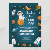 宇宙飛行士スペース惑星ダークテーマ誕生日 招待状 (正面/裏面)