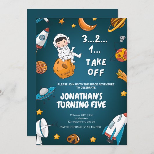 宇宙飛行士スペース 惑星 ダークテーマ 誕生日 招待状 (正面/裏面)