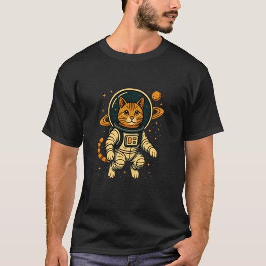 宇宙飛行士ネコの宇宙冒険 面白いコズミック Tシャツ (正面)