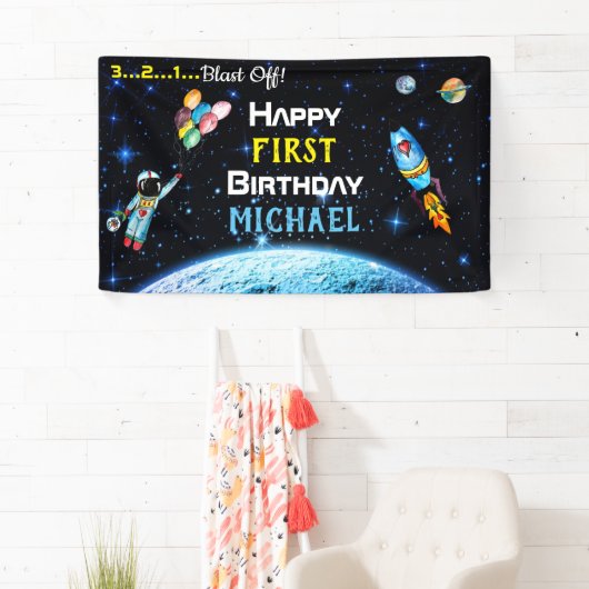 宇宙飛行士バルーンロケット宇宙名誕生日 横断幕 (インサイチュ)