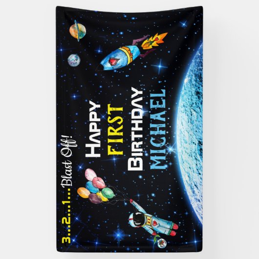 宇宙飛行士バルーンロケット宇宙名誕生日 横断幕 (縦)