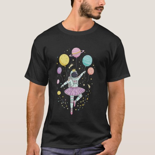 宇宙飛行士バレリーナと惑星と星 Tシャツ (正面)