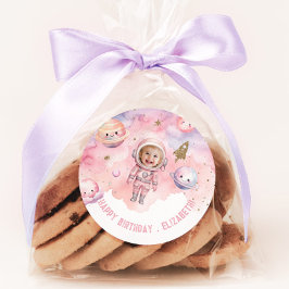 宇宙飛行士ピンクの写真の誕生日 ラウンドシール