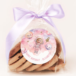 宇宙飛行士ピンクの写真の誕生日 ラウンドシール