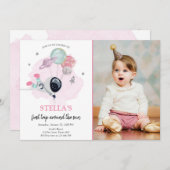 宇宙飛行士ピンクガールファースト誕生日 招待状 (正面/裏面)