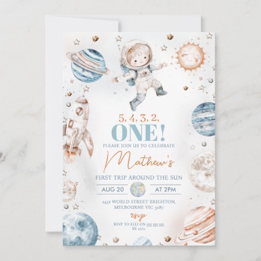 宇宙飛行士フォトファーストのまわりにトリップサン誕生日 招待状 (正面)