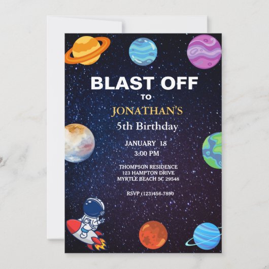 宇宙飛行士ブラストオフ5th男の子の誕生日パーティー 招待状 (正面)