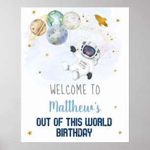 宇宙飛行士ブルー金ゴールド宇宙空間誕生日へようこそ ポスター