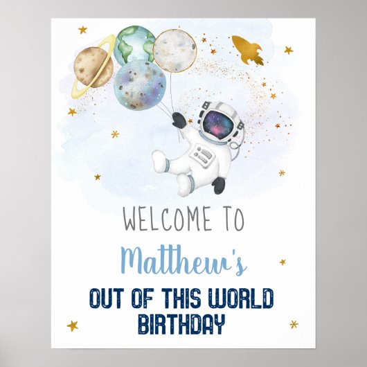 宇宙飛行士ブルー金ゴールド宇宙空間誕生日へようこそ ポスター (正面)