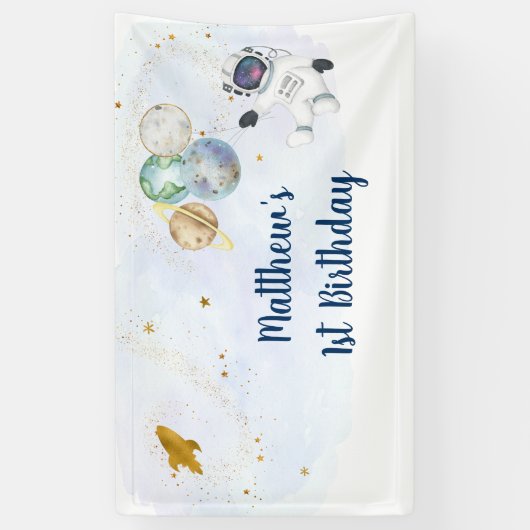 宇宙飛行士ブルー金ゴールド宇宙誕生日 横断幕 (縦)