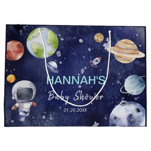 宇宙飛行士ボーイベビーシャワーパーティー ラージペーパーバッグ (裏面)