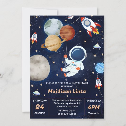 宇宙飛行士ボーイベビーシャワーパーティー 招待状 (正面)