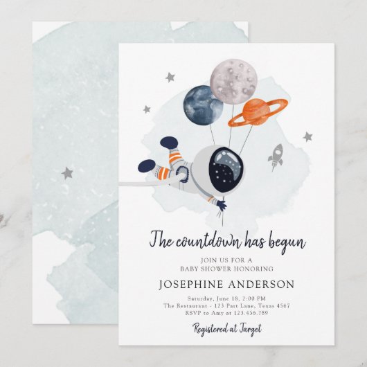 宇宙飛行士ボーイベビーシャワー招待状 招待状 (正面/裏面)