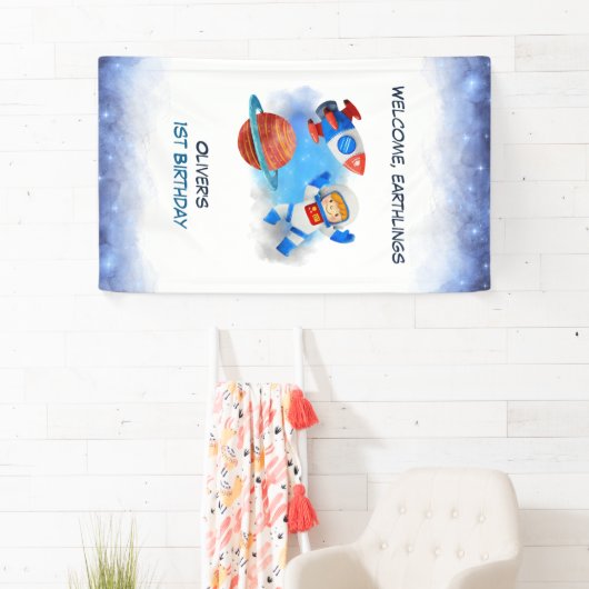 宇宙飛行士ボーイベビーファースト誕生日 横断幕 (インサイチュ)