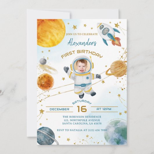 宇宙飛行士ボーイ宇宙1stバースデーフォト 招待状 (正面)