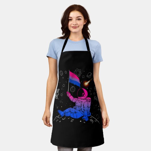 宇宙飛行士ムーンバイセクシャル国旗の宇宙LGBTQゲイプライド エプロン (着用した状態)
