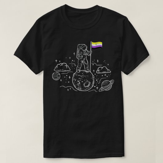 宇宙飛行士ムーン非バイナリ旗宇宙LGBTQ Genderqu Tシャツ (デザイン正面)