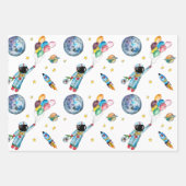 宇宙飛行士レインボーバルーンロケット宇宙キッズブルー ラッピングペーパーシート (正面3)