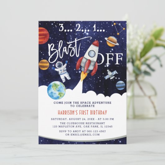 宇宙飛行士ロケット宇宙飛行士1歳の誕生日 招待状 (スタンド正面)