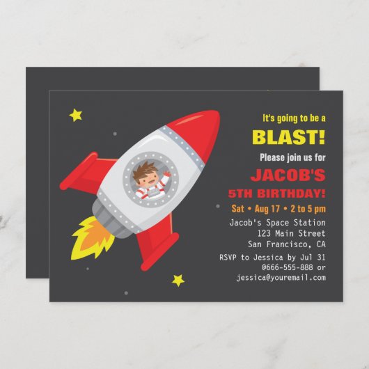 宇宙飛行士ロケット船宇宙子供の誕生日招待状 招待状 (正面/裏面)