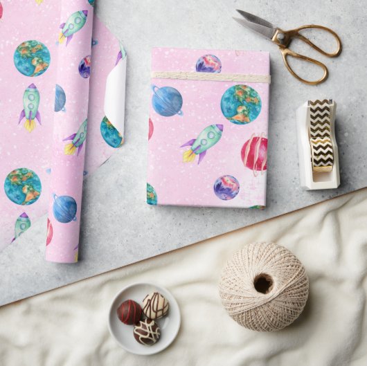 宇宙飛行士女子アウタースペース誕生日 ラッピングペーパー (クラフト)