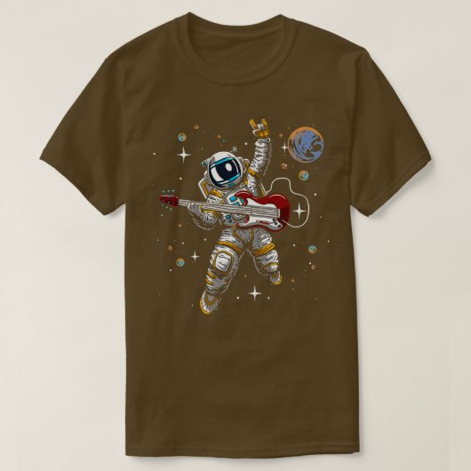 宇宙飛行士宇宙が赤いグイタで小惑星に浮かぶ Tシャツ (デザイン正面)