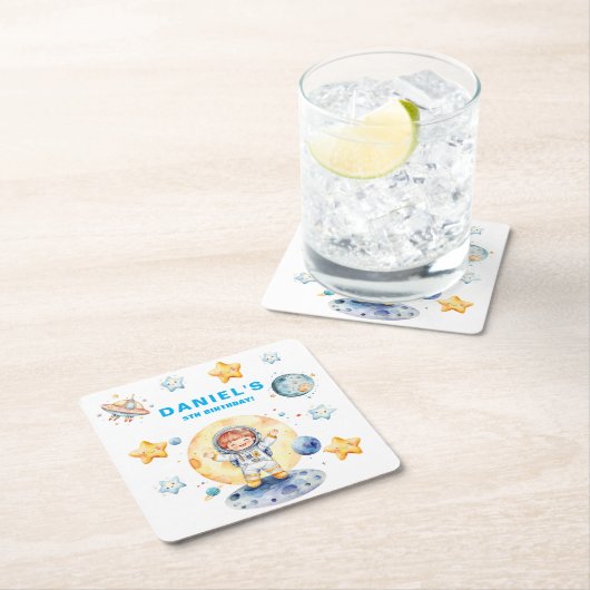 宇宙飛行士宇宙をテーマカスタムにした誕生日パーティー スクエアペーパーコースター (インサイチュ)