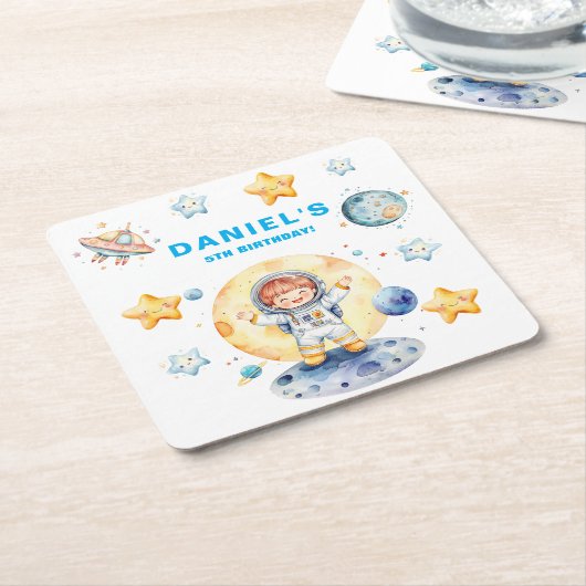 宇宙飛行士宇宙をテーマカスタムにした誕生日パーティー スクエアペーパーコースター (アングル)