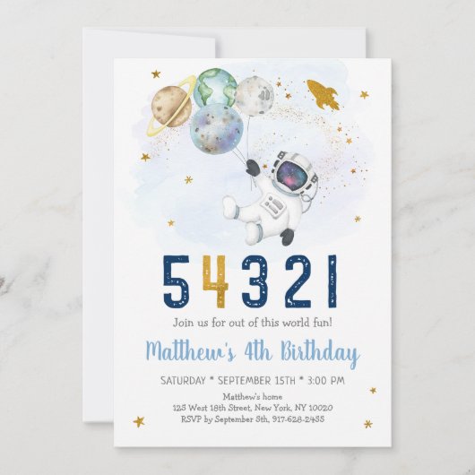 宇宙飛行士宇宙カウントダウン4歳の誕生日 招待状 (正面)