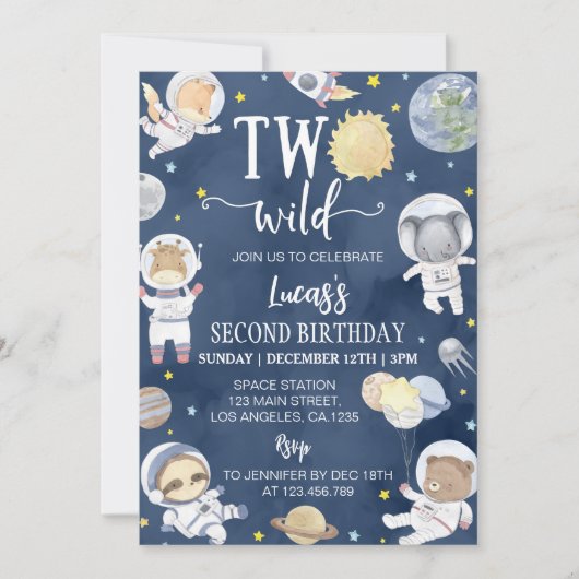 宇宙飛行士宇宙サファリツーワイルド誕生日 招待状 (正面)