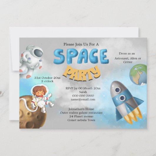 宇宙飛行士宇宙テーマかわいいロケット船 招待状 (正面)