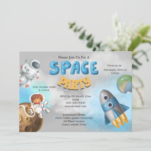宇宙飛行士宇宙テーマかわいいロケット船 招待状 (スタンド正面)
