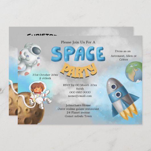 宇宙飛行士宇宙テーマかわいいロケット船 招待状 (正面/裏面)