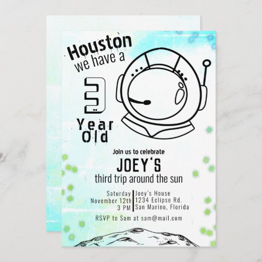 宇宙飛行士宇宙ネオン誕生日 招待状 (正面/裏面)