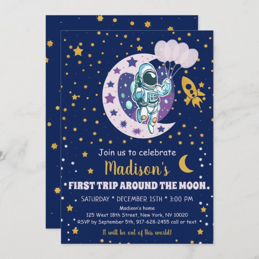 宇宙飛行士宇宙ファーストのまわりにトリップムーン誕生日 招待状 (正面/裏面)