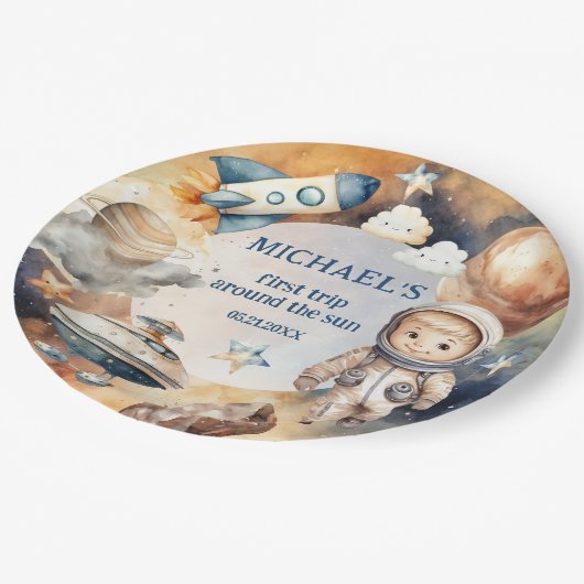 宇宙飛行士宇宙ファーストトリップのまわりにザ・サン誕生日 ペーパープレート (アングル)