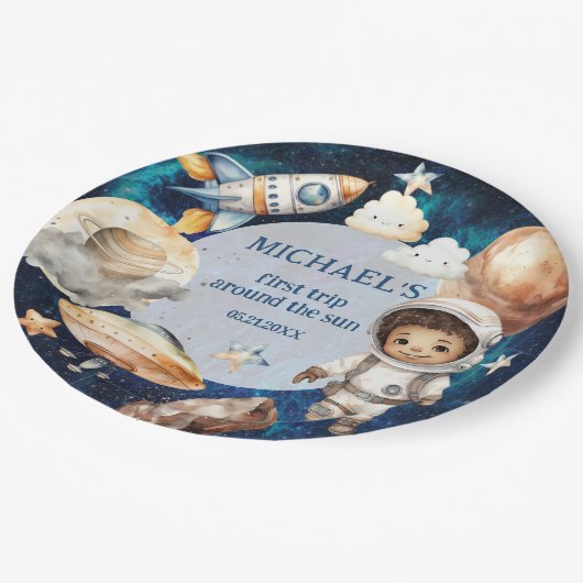宇宙飛行士宇宙ファーストトリップのまわりにザ・サン誕生日 ペーパープレート (アングル)