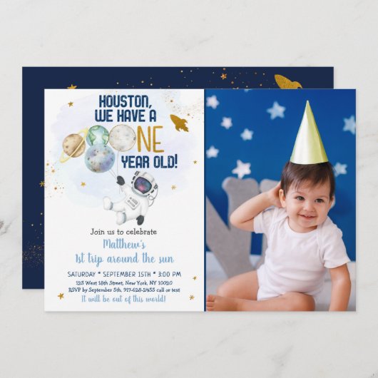 宇宙飛行士宇宙ファーストトリップのまわりにザ・サン誕生日 招待状 (正面/裏面)