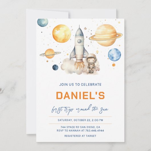 宇宙飛行士宇宙ファーストトリップのまわりにザ・サン誕生日 招待状 (正面)