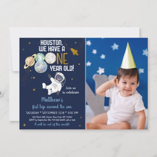 宇宙飛行士宇宙ファーストトリップのまわりにザ・サン誕生日 招待状 (正面)
