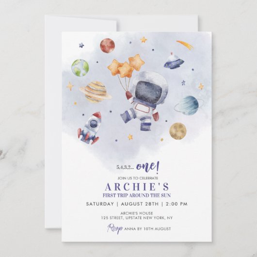 宇宙飛行士宇宙ファーストトリップのまわりにザ・サン誕生日 招待状 (正面)