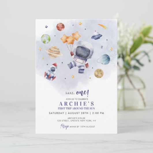 宇宙飛行士宇宙ファーストトリップのまわりにザ・サン誕生日 招待状 (スタンド正面)